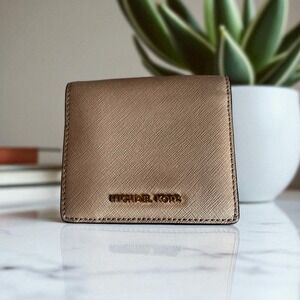 Michael Kors Small Gold Saffiano Leather Bifold Wallet Coin Purse